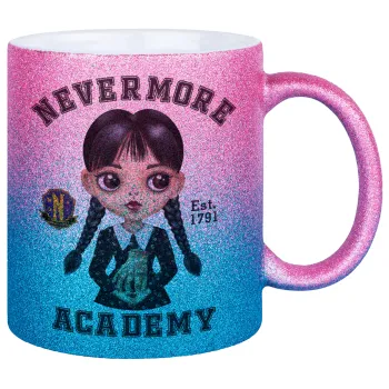 Wednesday Adams, nevermore, Κούπα Χρυσή/Μπλε Glitter, κεραμική, 330ml