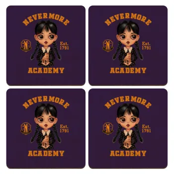 Wednesday Adams, nevermore, ΣΕΤ x4 Σουβέρ ξύλινα τετράγωνα plywood (9cm)