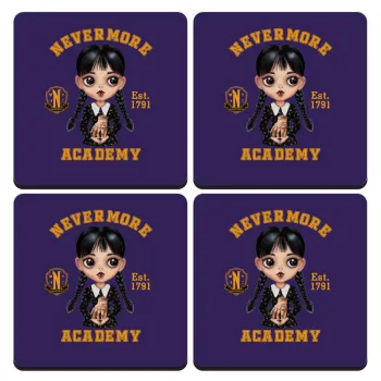 Wednesday Adams, nevermore, ΣΕΤ 4 Σουβέρ ξύλινα τετράγωνα (9cm)