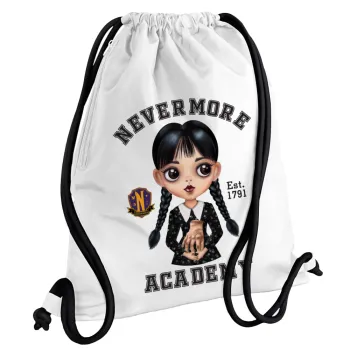 Wednesday Adams, nevermore, Backpack pouch GYMBAG white, with pocket (40x48cm) & thick cords