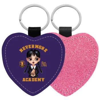 Wednesday Adams, nevermore, Μπρελόκ PU δερμάτινο glitter καρδιά ΡΟΖ