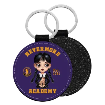 Wednesday Adams, nevermore, Μπρελόκ Δερματίνη, στρογγυλό ΜΑΥΡΟ (5cm)