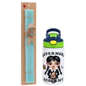 Wednesday Adams, nevermore, Easter Set, Children's thermal stainless steel bottle with safety straw, green/blue (350ml) & aromatic flat Easter candle (30cm) (TURQUOISE)