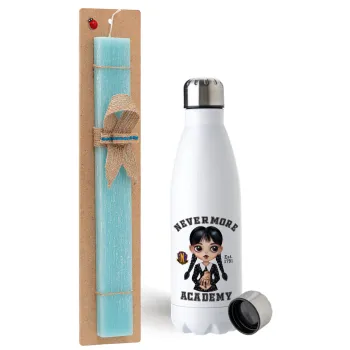 Wednesday Adams, nevermore, Easter Set, metallic stainless steel water bottle (750ml) & aromatic flat Easter candle (30cm) (TURQUOISE)