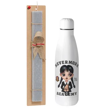 Wednesday Adams, nevermore, Πασχαλινή Λαμπάδα με μεταλλικό παγούρι θερμός ανοξείδωτο (500ml) & κερί αρωματικό πλακέ (30cm) (ΓΚΡΙ)