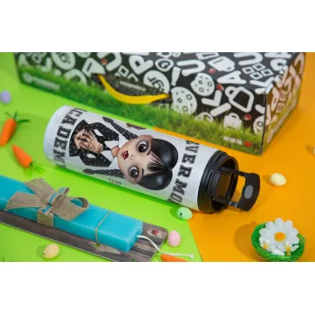 Wednesday Adams, nevermore, Πασχαλινή Λαμπάδα με Travel Tumbler θερμό με διπλό καπάκι (600ml, BPA free) & κερί αρωματικό πλακέ (30cm) (ΤΙΡΚΟΥΑΖ)