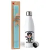 Easter Set, metallic stainless steel water bottle (750ml) & aromatic flat Easter candle (30cm) (TURQUOISE)