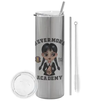 Wednesday Adams, nevermore, Tumbler ποτήρι θερμό Ασημένιο από ανοξείδωτο ατσάλι 600ml, με μεταλλικό καλαμάκι & βούρτσα καθαρισμού