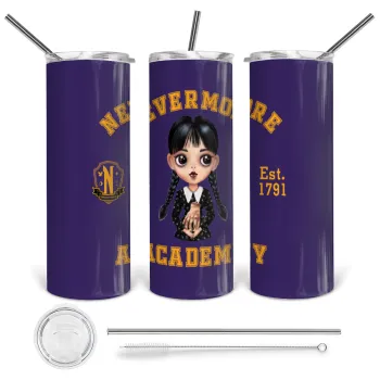 Wednesday Adams, nevermore, Tumbler ποτήρι θερμό από ανοξείδωτο ατσάλι 600ml, με μεταλλικό καλαμάκι & βούρτσα καθαρισμού