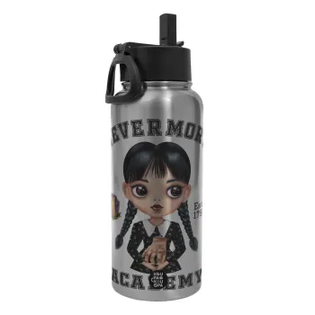 Wednesday Adams, nevermore, Metal mug thermo Silver with Straw and Spout Lid (Stainless steel), double wall, 950ml