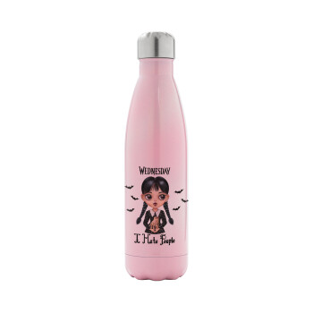 Wednesday Adams, i hate people, Metal mug thermos Pink Iridiscent (Stainless steel), double wall, 500ml