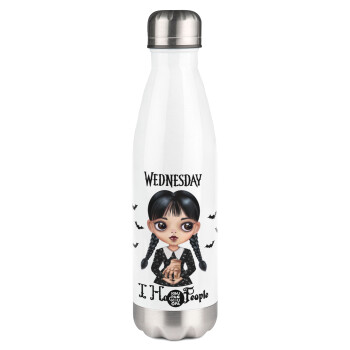 Wednesday Adams, i hate people, Metal mug thermos White (Stainless steel), double wall, 500ml