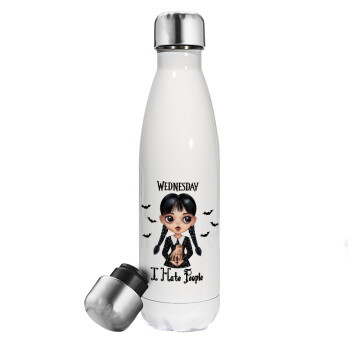 Wednesday Adams, i hate people, Metal mug thermos White (Stainless steel), double wall, 500ml