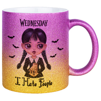 Wednesday Adams, i hate people, Κούπα Χρυσή/Ροζ Glitter, κεραμική, 330ml