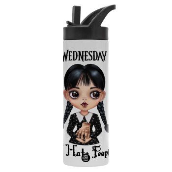 Wednesday Adams, i hate people, Metallic thermos bottle with straw & handle, stainless steel (Stainless steel 304), double-walled, 600ml.