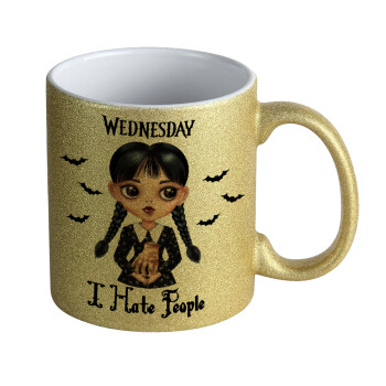 Wednesday Adams, i hate people, Κούπα Χρυσή Glitter που γυαλίζει, κεραμική, 330ml