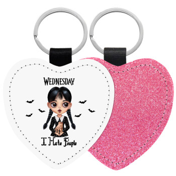 Wednesday Adams, i hate people, Μπρελόκ PU δερμάτινο glitter καρδιά ΡΟΖ