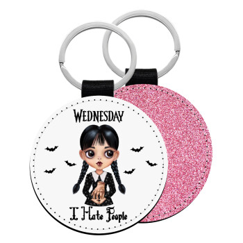 Wednesday Adams, i hate people, Μπρελόκ Δερματίνη, στρογγυλό ΡΟΖ (5cm)