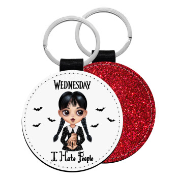 Wednesday Adams, i hate people, Μπρελόκ Δερματίνη, στρογγυλό ΚΟΚΚΙΝΟ (5cm)