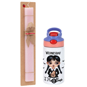 Wednesday Adams, i hate people, Easter Set, Children's thermal stainless steel water bottle with safety straw, pink/purple (350ml) & Easter scented flat candle (30cm) (PINK)