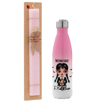 Wednesday Adams, i hate people, Easter Set, Metallic pink/white (Stainless steel) thermos, double-walled, 500ml & aromatic flat Easter candle (30cm) (PINK)