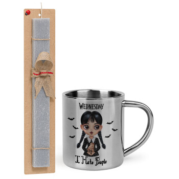 Wednesday Adams, i hate people, Easter Set, metallic thermal cup (300ml) & Easter aromatic flat candle (30cm) (GRAY)