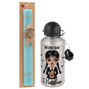 Wednesday Adams, i hate people, Easter Set, metallic silver aluminum water bottle (500ml) & scented flat Easter candle (30cm) (TURQUOISE)