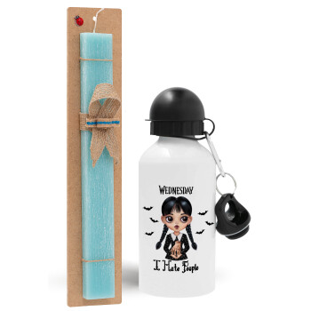Wednesday Adams, i hate people, Easter Set, metallic aluminum water bottle (500ml) & scented flat candle (30cm) (TURQUOISE)