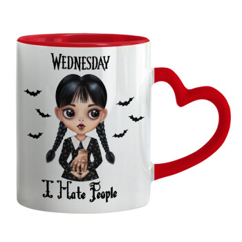 Wednesday Adams, i hate people, Mug heart red handle, ceramic, 330ml