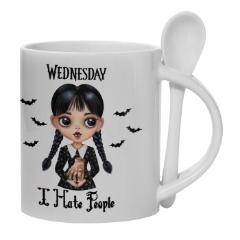 Wednesday Adams, i hate people, Ceramic coffee mug with Spoon, 330ml (1pcs)