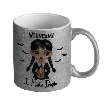 Wednesday Adams, i hate people, Κούπα Ασημένια Glitter που γυαλίζει, κεραμική, 330ml