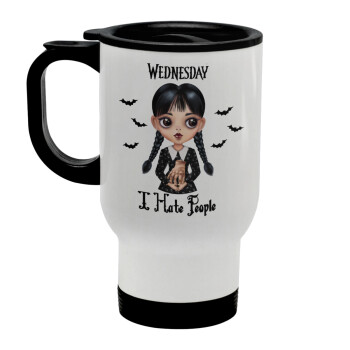 Wednesday Adams, i hate people, Stainless steel travel mug with lid, double wall white 450ml