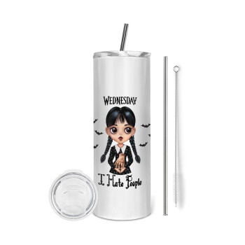 Wednesday Adams, i hate people, Eco friendly stainless steel tumbler 600ml, with metal straw & cleaning brush