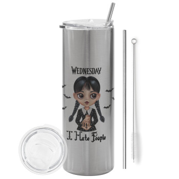 Wednesday Adams, i hate people, Eco friendly stainless steel Silver tumbler 600ml, with metal straw & cleaning brush