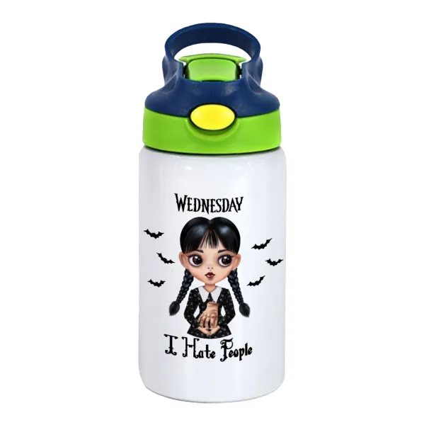 Wednesday Adams — Children's hot water bottle, stainless steel, with safety straw, green, blue (350ml)