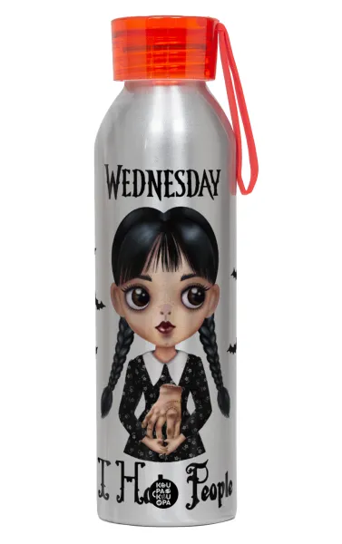 Wednesday Adams — Aluminum Sports Bottle 650ml – Silver with Red Cap and Silicone Strap