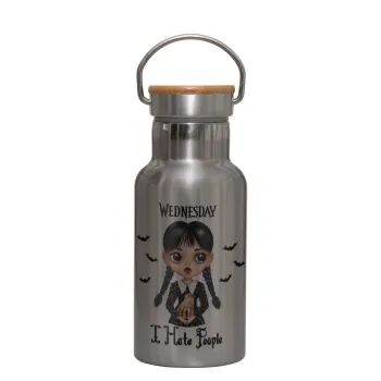 Wednesday Adams, i hate people, Stainless steel metallic thermos flask, silver with a bamboo lid, double-walled, 350ml.