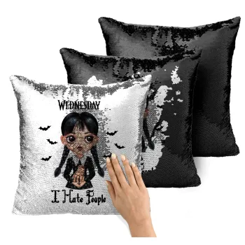 Wednesday Adams, i hate people, Μαξιλάρι καναπέ Μαγικό Μαύρο με πούλιες 40x40cm περιέχεται το γέμισμα