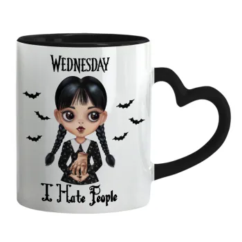 Wednesday Adams, i hate people, Κούπα καρδιά χερούλι μαύρη, κεραμική, 330ml