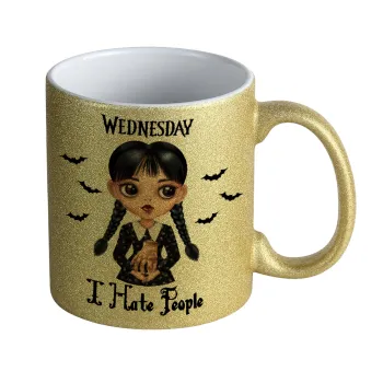 Wednesday Adams, i hate people, Κούπα Χρυσή Glitter που γυαλίζει, κεραμική, 330ml