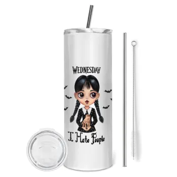 Wednesday Adams, i hate people, Tumbler ποτήρι θερμό από ανοξείδωτο ατσάλι 600ml, με μεταλλικό καλαμάκι & βούρτσα καθαρισμού