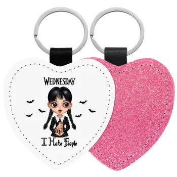 Wednesday Adams, i hate people, Μπρελόκ PU δερμάτινο glitter καρδιά ΡΟΖ