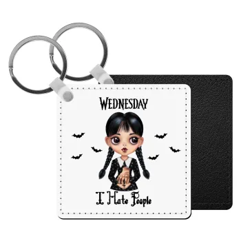 Wednesday Adams, i hate people, Μπρελόκ Δερματίνη, τετράγωνο ΜΑΥΡΟ (5x5cm)