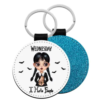 Wednesday Adams, i hate people, Μπρελόκ Δερματίνη, στρογγυλό ΜΠΛΕ (5cm)