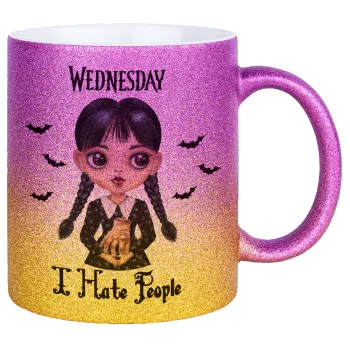 Wednesday Adams, i hate people, Κούπα Χρυσή/Ροζ Glitter, κεραμική, 330ml