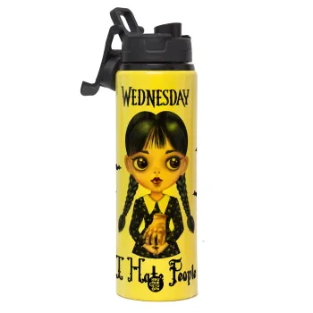 Wednesday Adams, i hate people, Μεταλλικό παγούρι νερού με καπάκι ασφαλείας, αλουμινίου 850ml