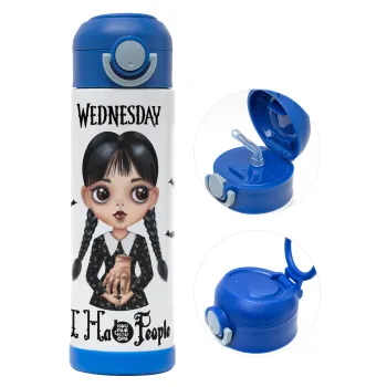 Wednesday Adams, i hate people, Παιδικό παγούρι θερμό, ανοξείδωτο, με καλαμάκι ασφαλείας, ΜΠΛΕ (500ml)