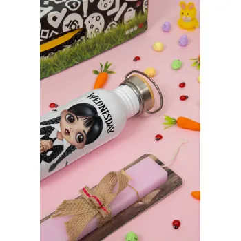 Wednesday Adams, i hate people, Πασχαλινή Λαμπάδα με παγούρι μεταλλικό (620ml, stainless steel) & κερί αρωματικό πλακέ (30cm) (ΡΟΖ)