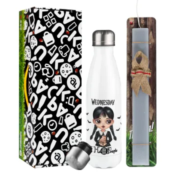 Wednesday Adams, i hate people, Easter candle, metallic white thermos bottle (500ml) & aromatic flat candle (30cm) (GRAY)