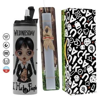 Wednesday Adams, i hate people, Πασχαλινή Λαμπάδα με Travel Tumbler θερμό (600ml, BPA free) & κερί αρωματικό πλακέ (30cm) (ΓΚΡΙ)